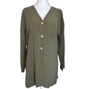 Vintage Clio Women’s Silk Green Long Sleeve Button Front Tunic Top Small Y2K